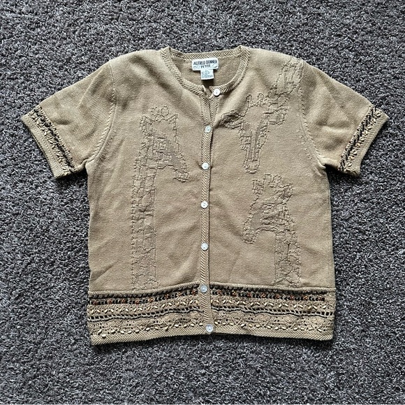 Alfred Dunner Sweaters - Vintage Alfred Dunner Giraffe Inspired Tan Sweater Beaded Retro Size P Small